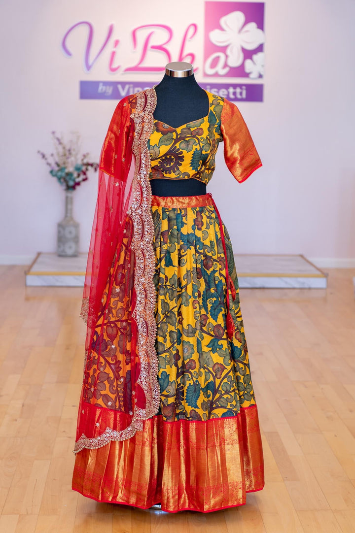 Lehengas - Yellow And Red Pen Kalamkari Lehenga