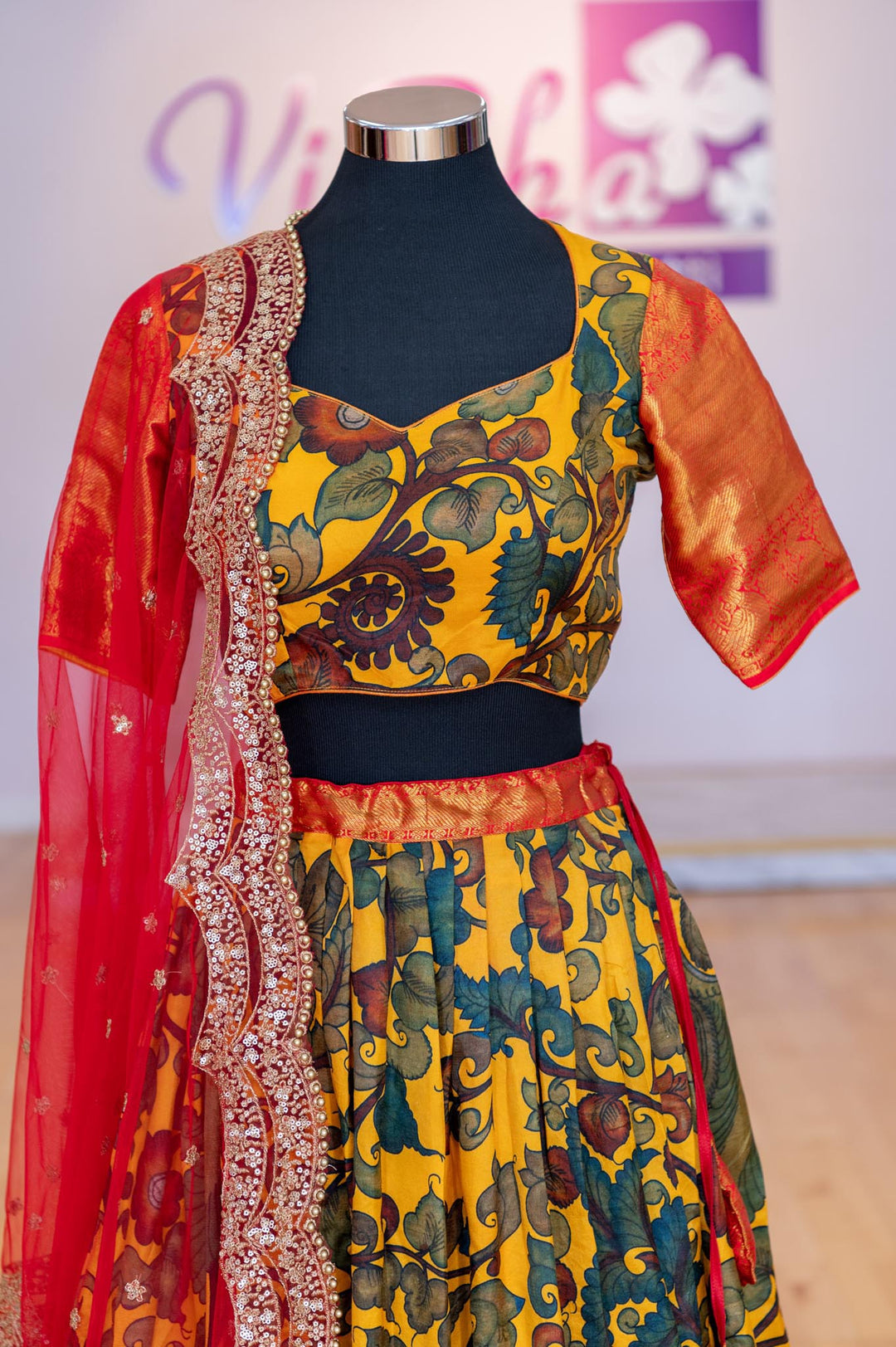 Lehengas - Yellow And Red Pen Kalamkari Lehenga