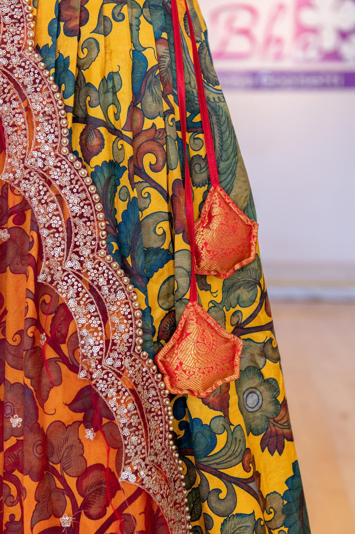 Lehengas - Yellow And Red Pen Kalamkari Lehenga