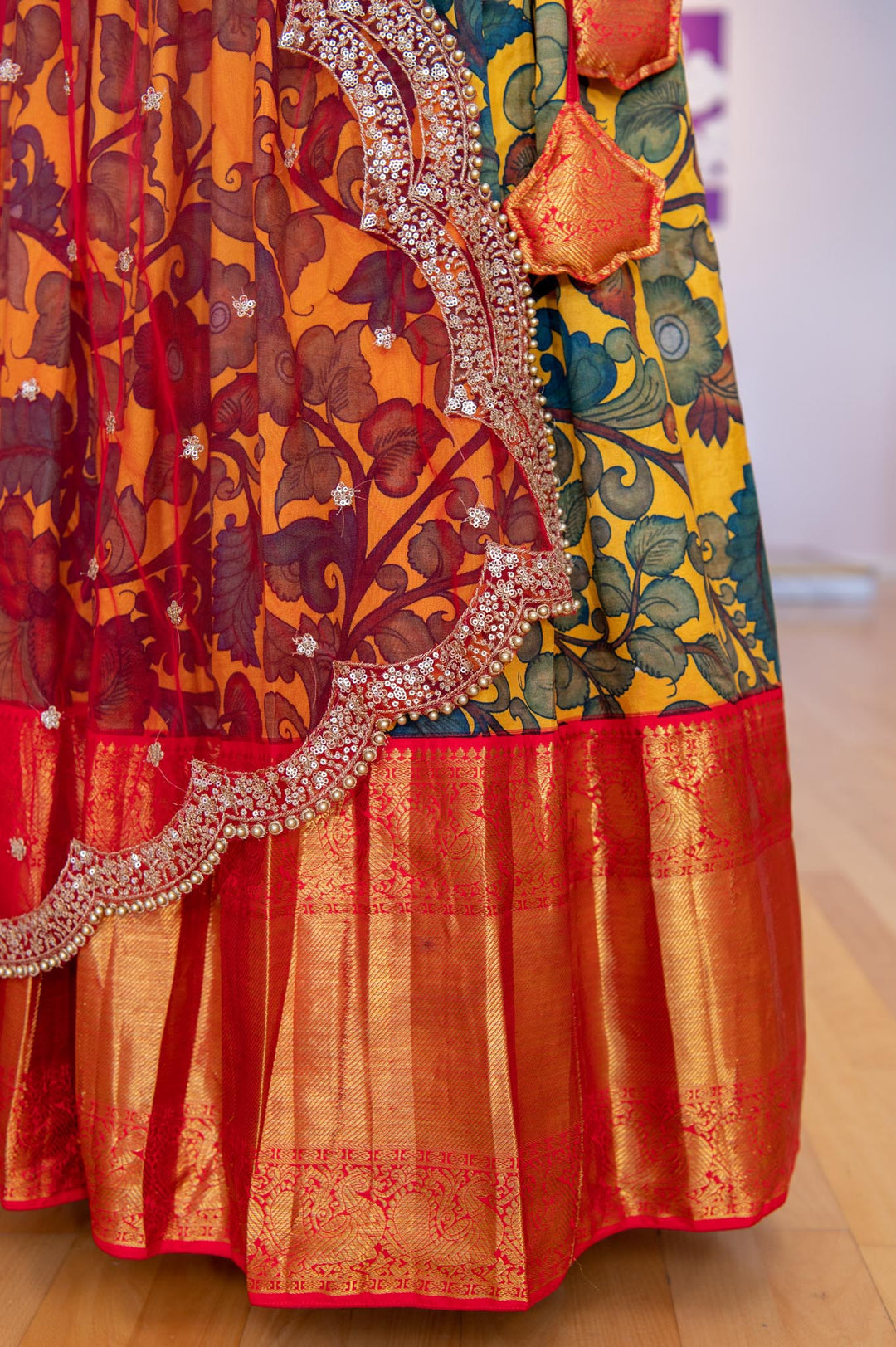 Lehengas - Yellow And Red Pen Kalamkari Lehenga