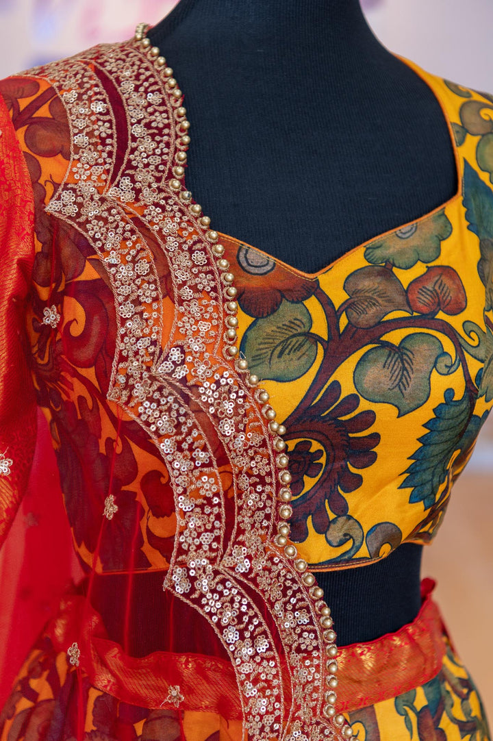 Lehengas - Yellow And Red Pen Kalamkari Lehenga