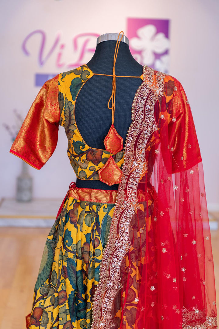 Lehengas - Yellow And Red Pen Kalamkari Lehenga