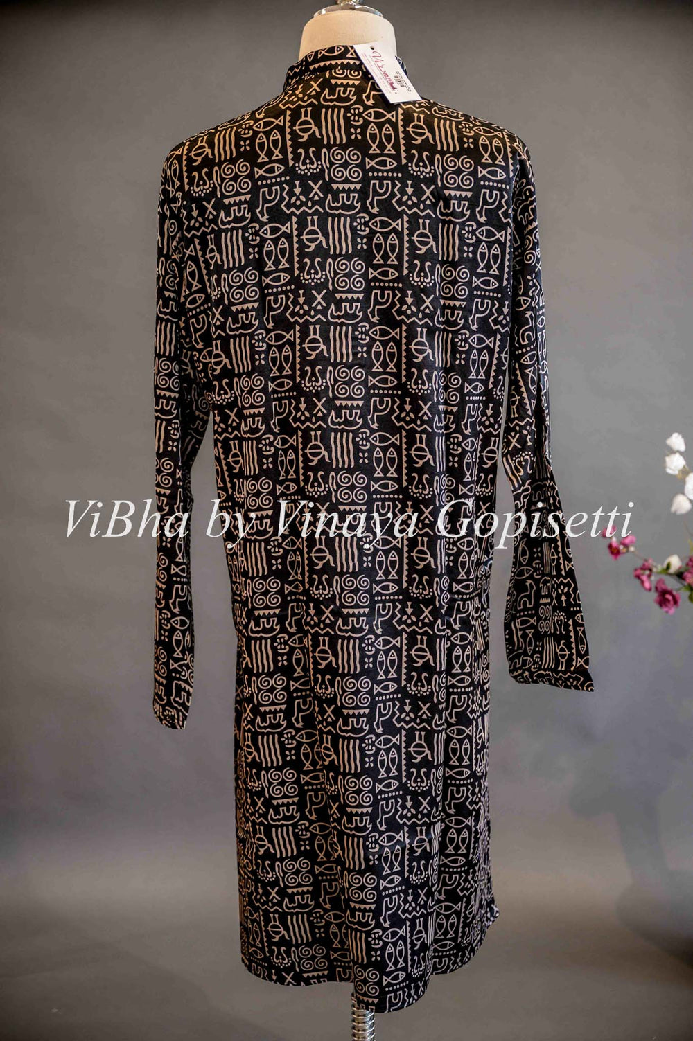 Men's Wear - Black Modal Silk WarlI Print Kurta