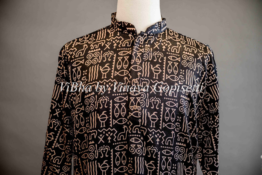 Men's Wear - Black Modal Silk WarlI Print Kurta