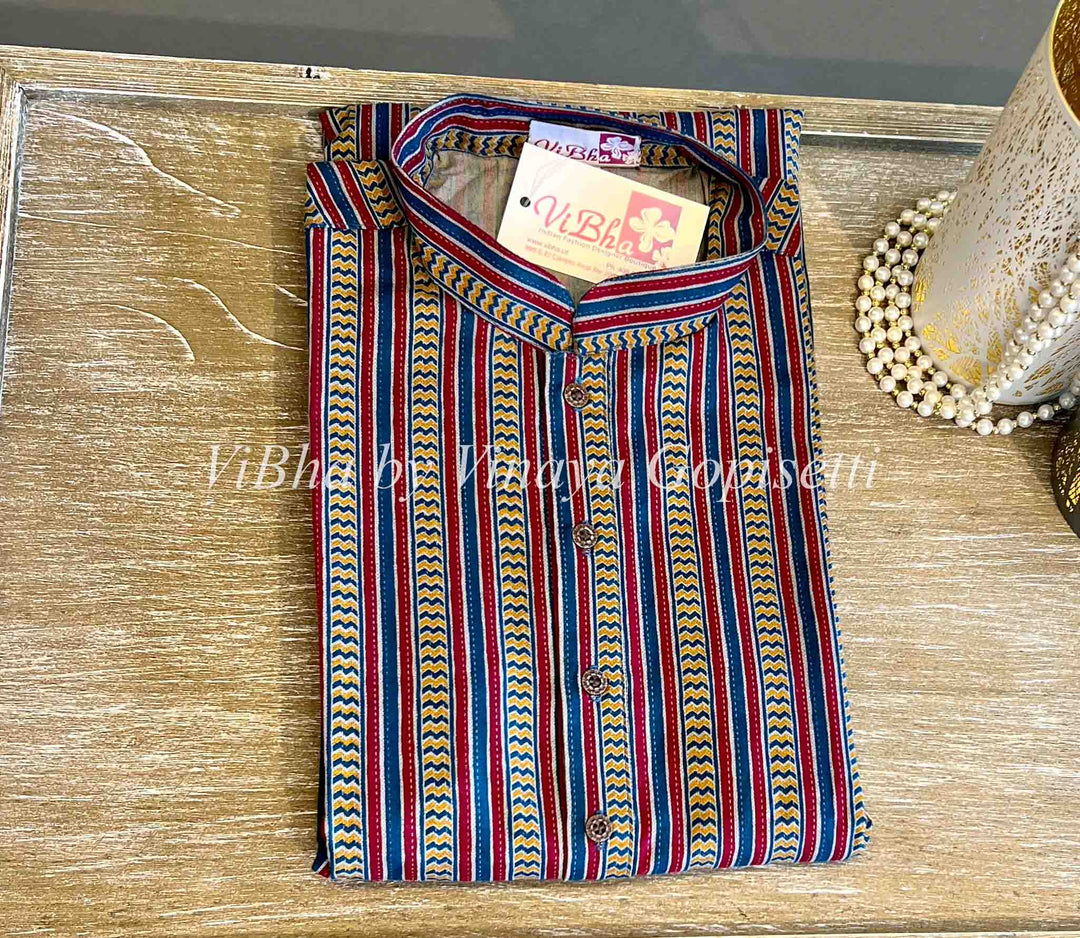 Men's Wear - Blue Handloom Cotton Ikkat Kurta