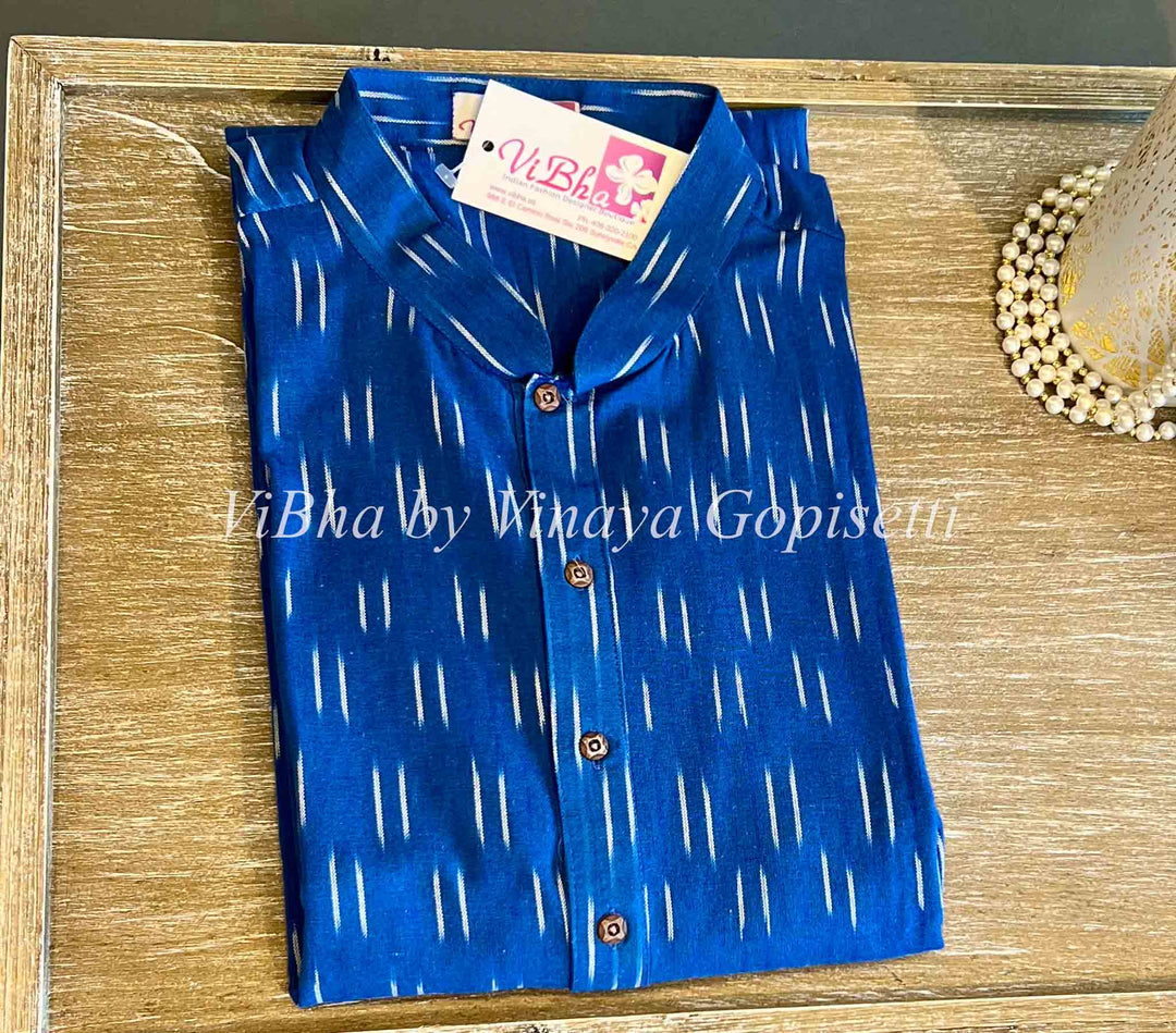 Men's Wear - Blue Ikkat Handloom Cotton Kurta