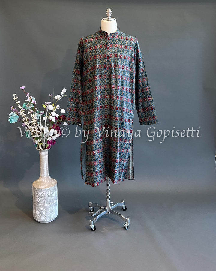 Men's Wear - Blue Patola Handloom Cotton Kurta