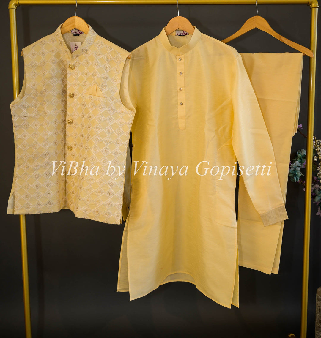 Men's Wear - Custard Yellow Kurta With Bottom And Embroidered Vest