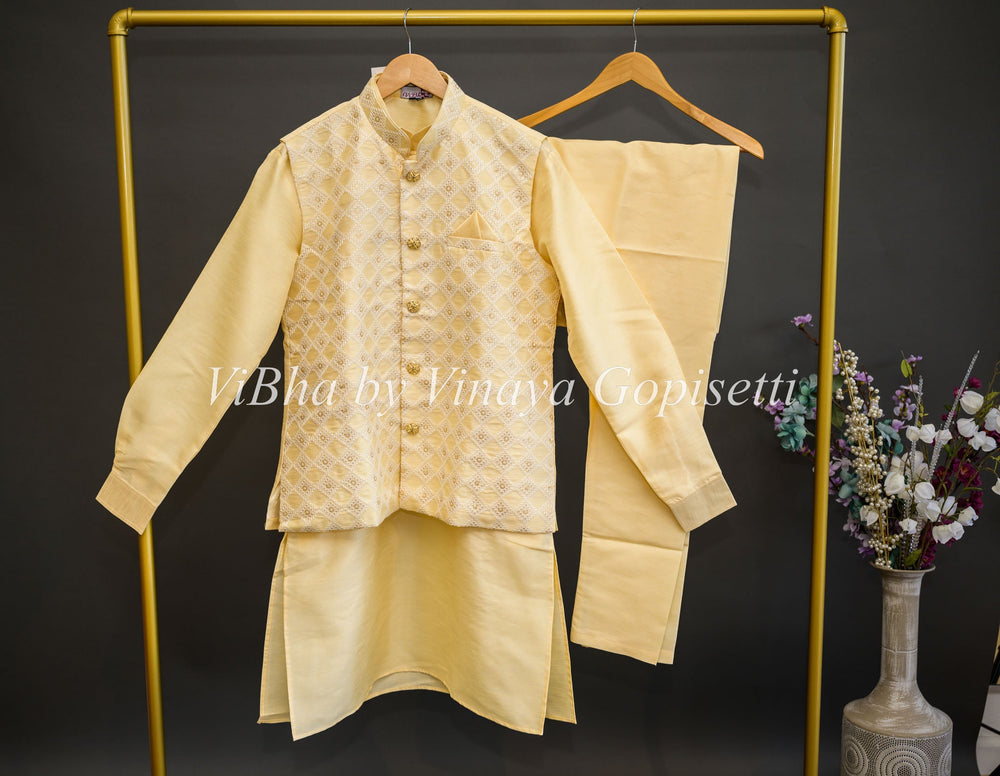 Men's Wear - Custard Yellow Kurta With Bottom And Embroidered Vest