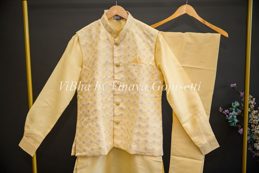 Men's Wear - Custard Yellow Kurta With Bottom And Embroidered Vest