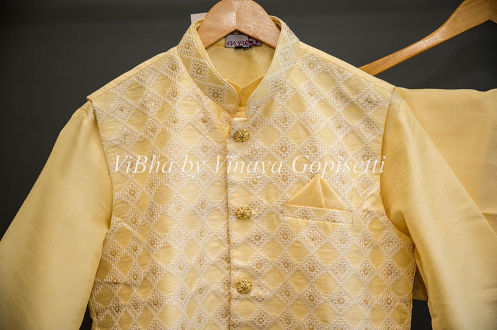 Men's Wear - Custard Yellow Kurta With Bottom And Embroidered Vest