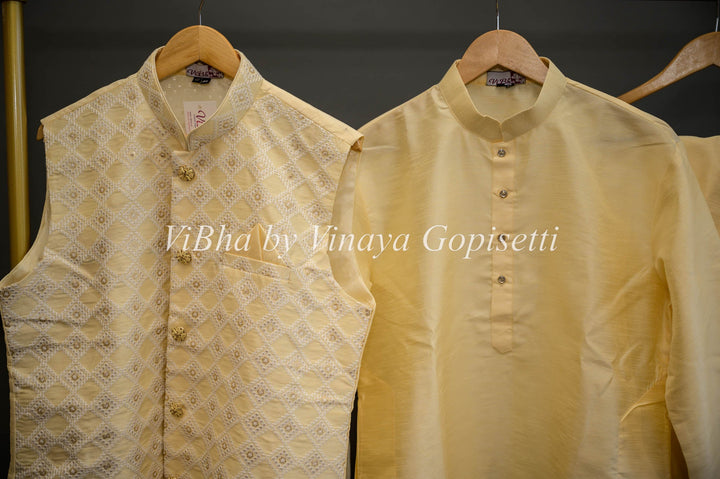 Men's Wear - Custard Yellow Kurta With Bottom And Embroidered Vest