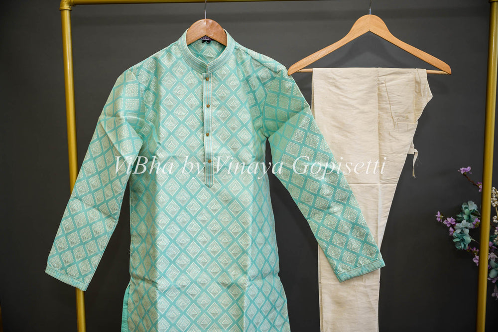 Men's Wear - Green Sheen Kurta With Bottom