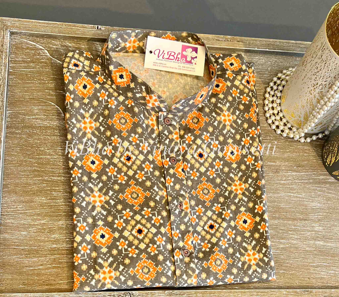 Men's Wear - Grey And Peach Patola Print Handloom Cotton Kurta