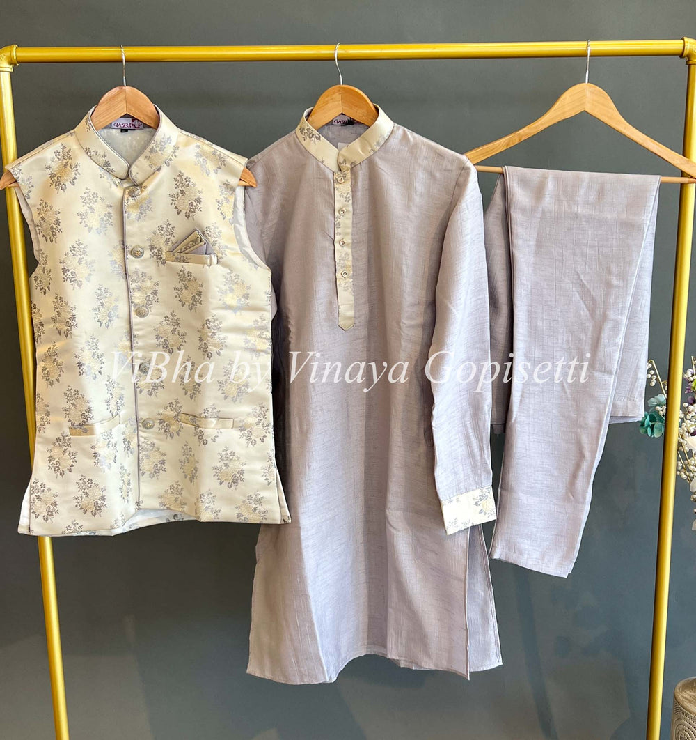 Men's Wear - Grey Kurta And Bottom With Gold Printed Vest