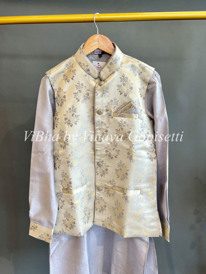 Men's Wear - Grey Kurta And Bottom With Gold Printed Vest