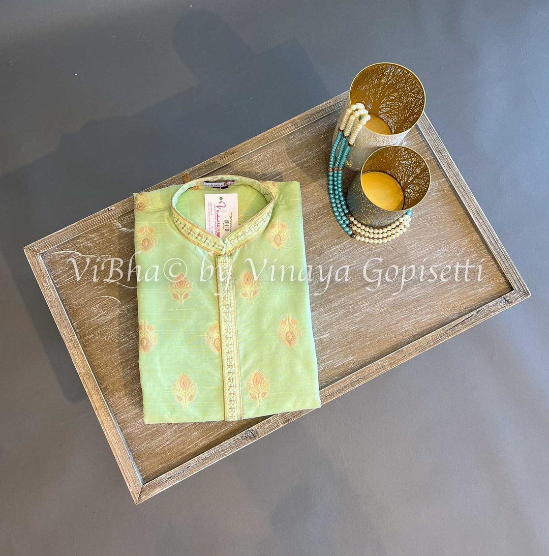 Men's Wear - Pistachio Green Embroidered Men's Kurta With Bottom