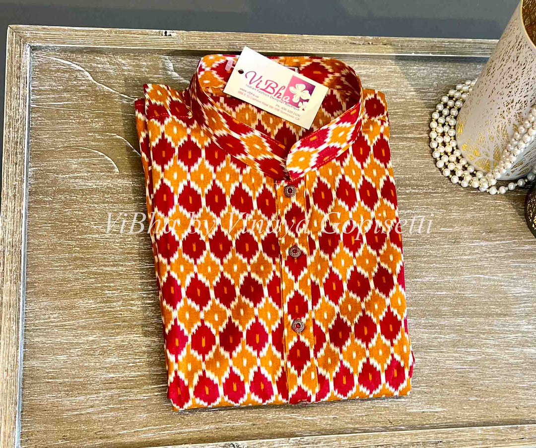 Men's Wear - Red And Orange Ikkat Handloom Cotton Kurta