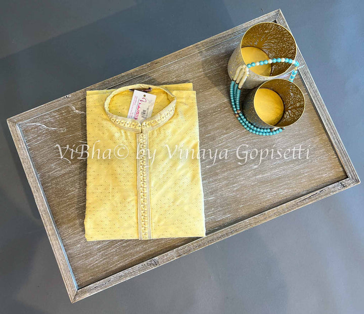 Men's Wear - Yellow Embroidered Neckline Men's Kurta With Bottom