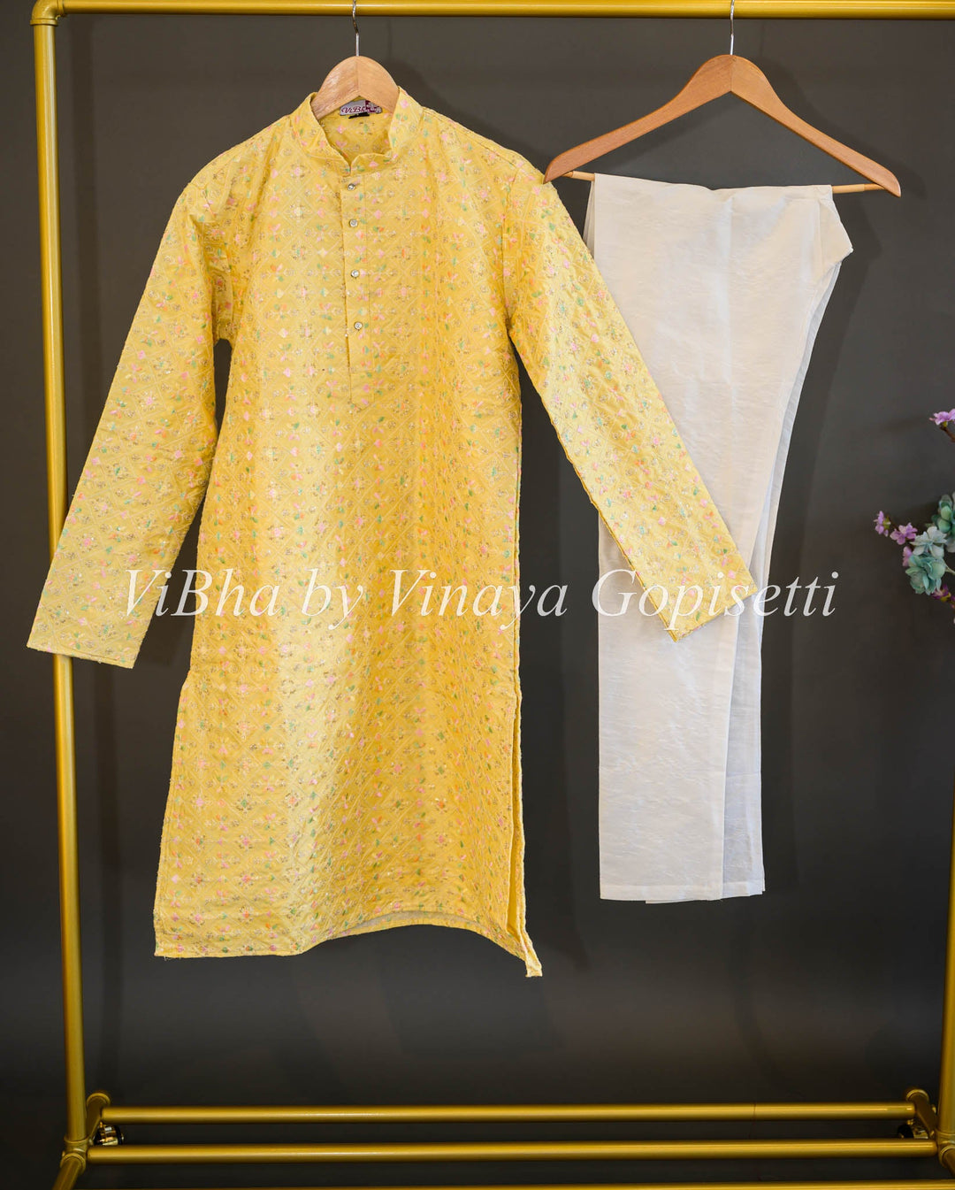 Men's Wear - Yellow Floral Thread Embroidered Kurta With Bottom