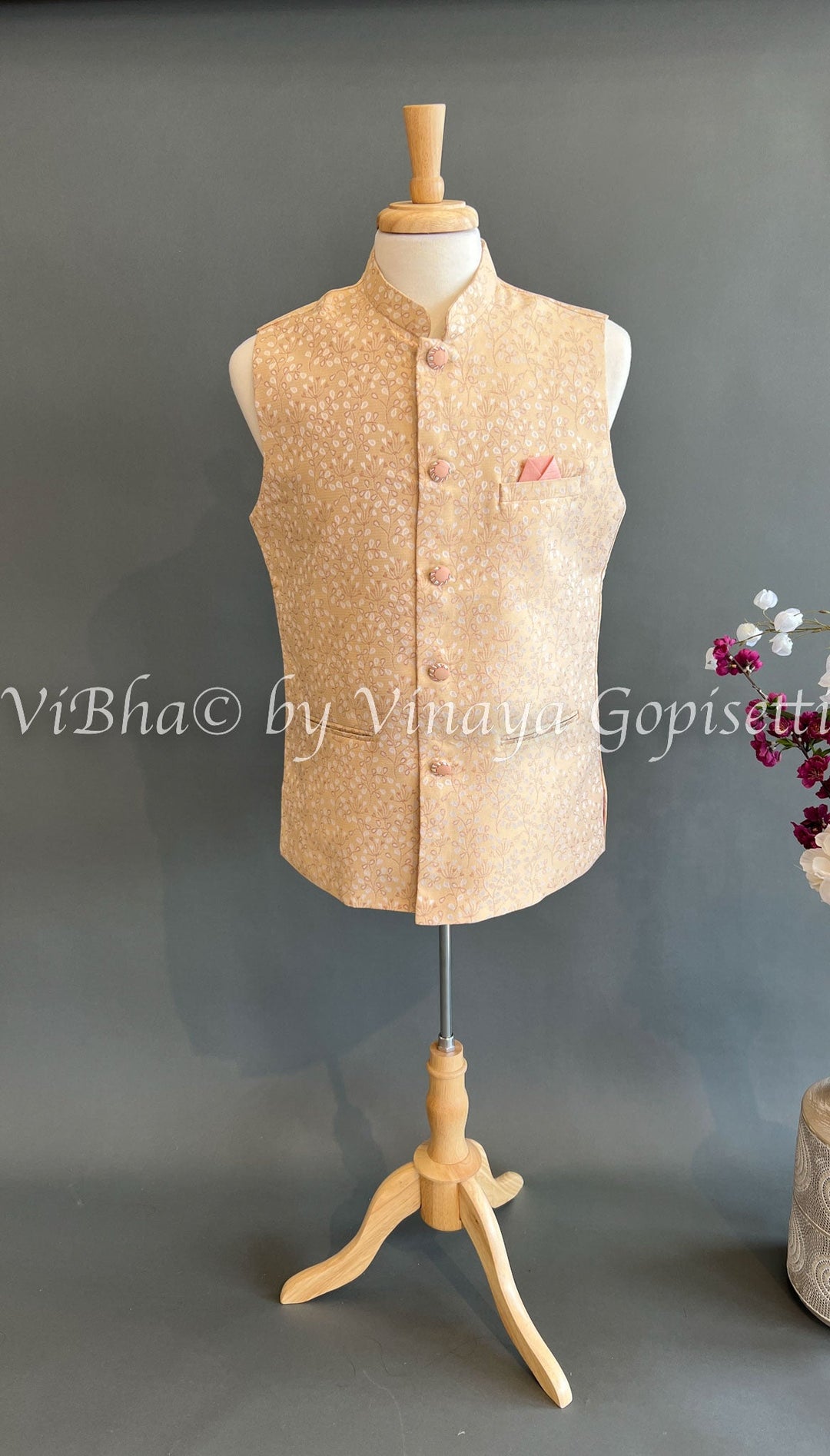 Mens Wear - Blush Peach Benares Brocade Vest