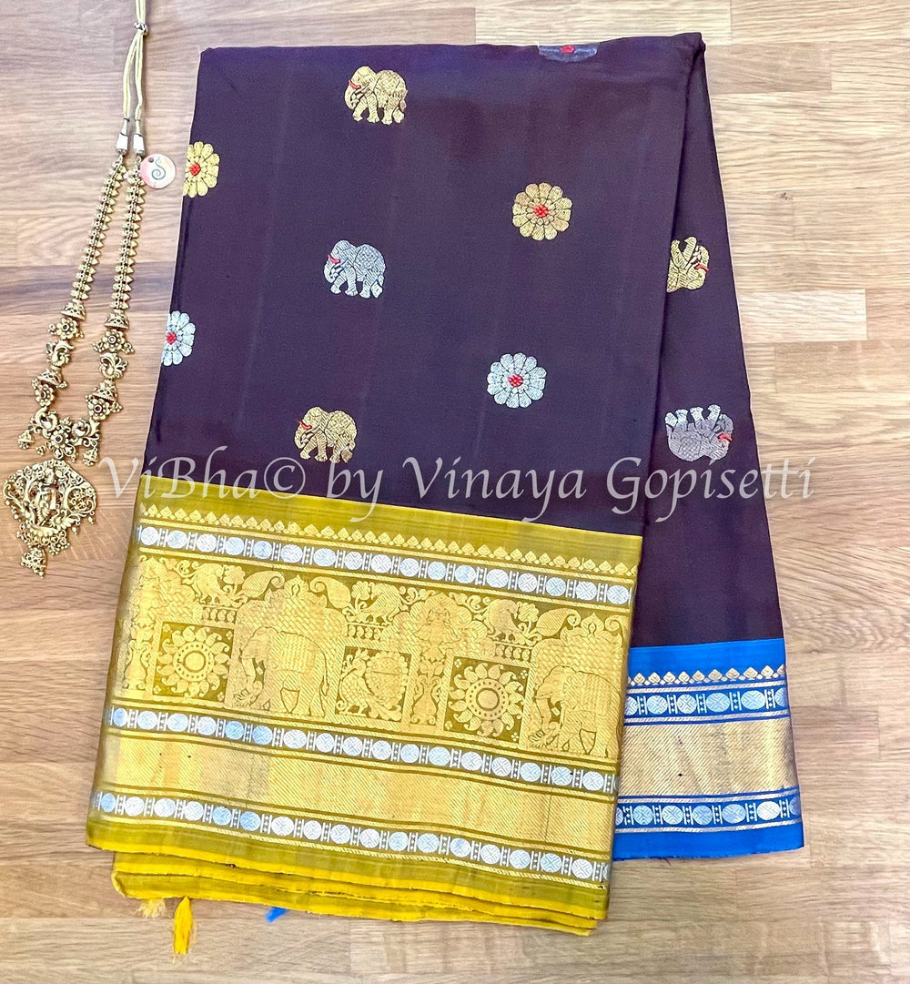 SAREE - Chocolate Brown & Yellow Gadwal Silk Saree