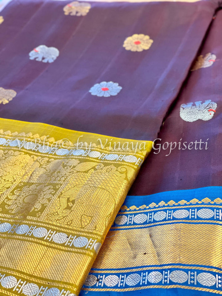 SAREE - Chocolate Brown & Yellow Gadwal Silk Saree