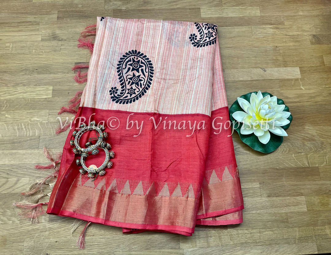 SAREE - Dark Peach Tussar Silk Block Print Saree