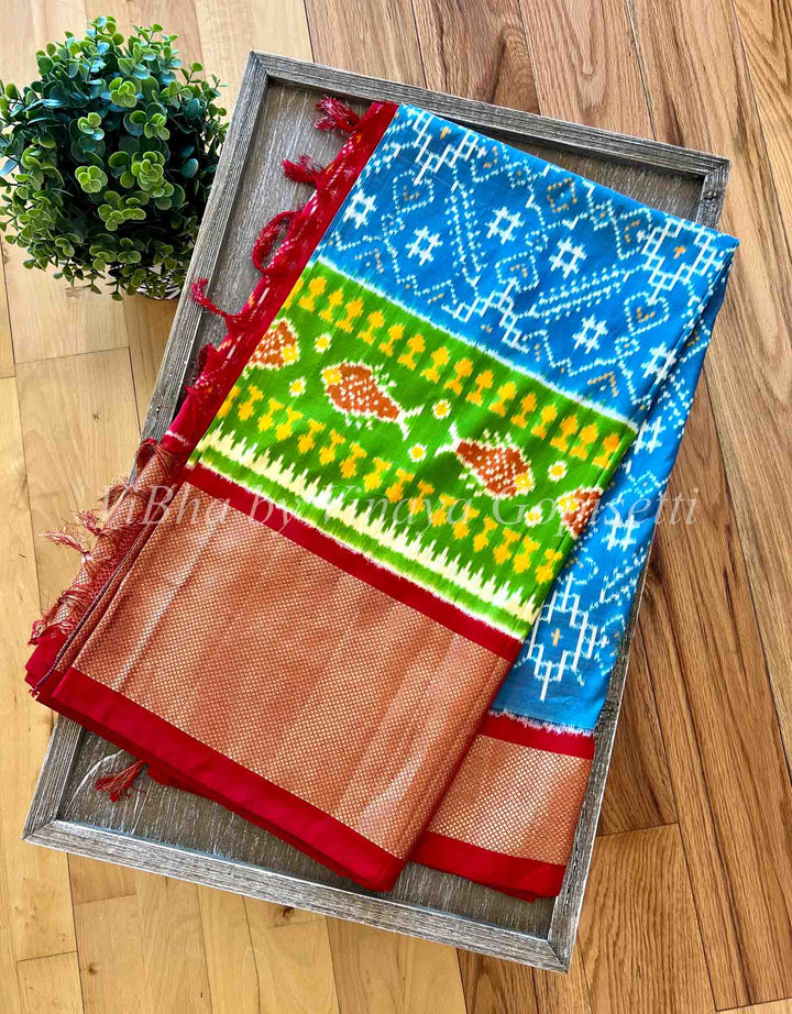 Saree - Ikkat Twill Light Blue And Red Small Border