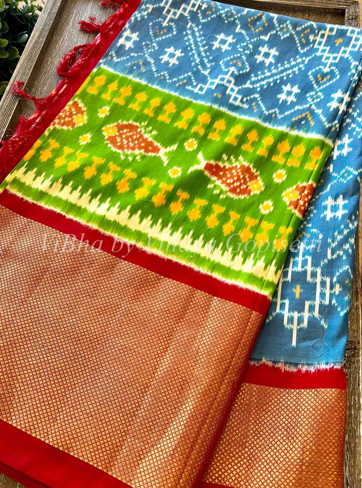 Saree - Ikkat Twill Light Blue And Red Small Border