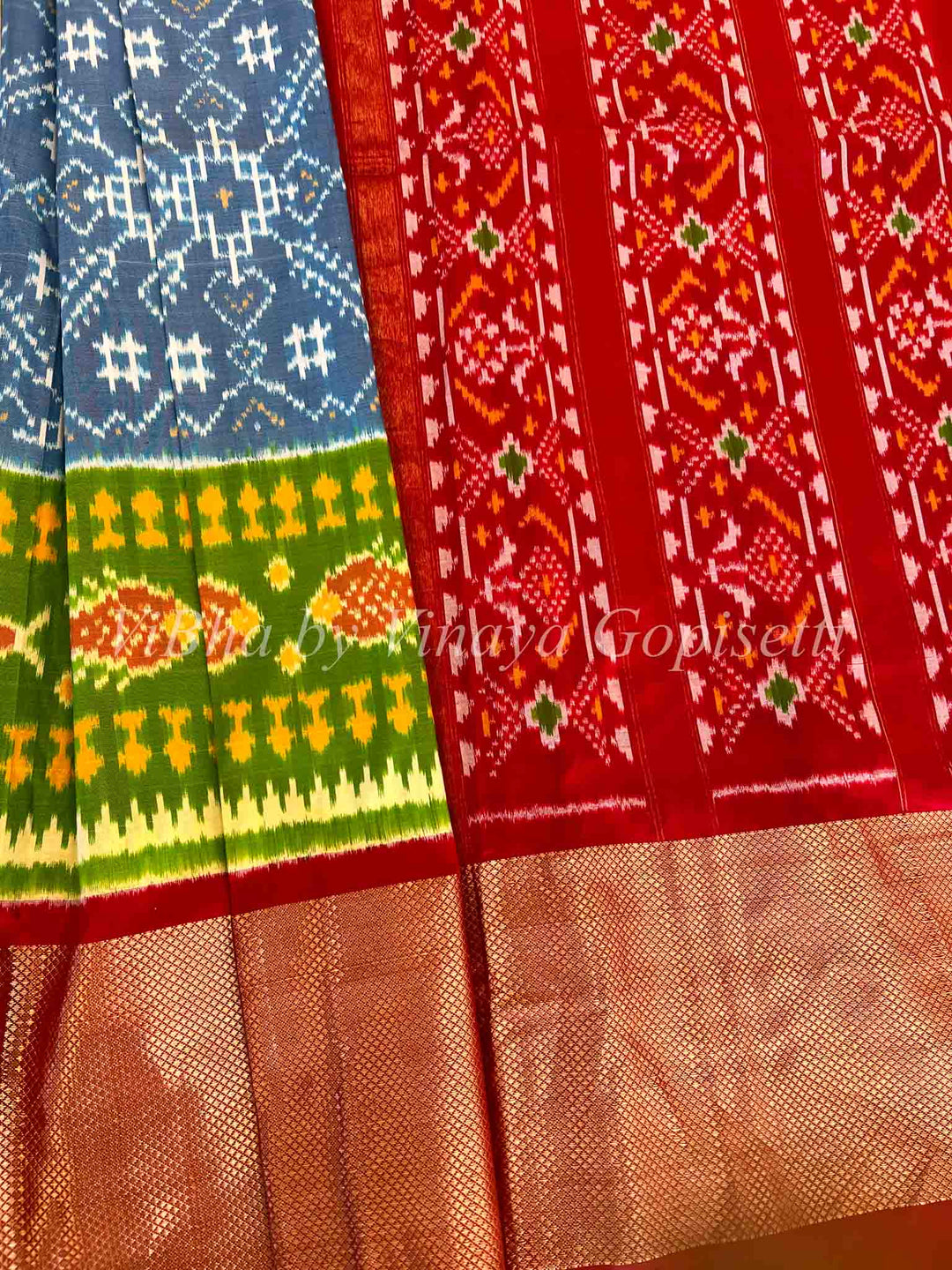 Saree - Ikkat Twill Light Blue And Red Small Border