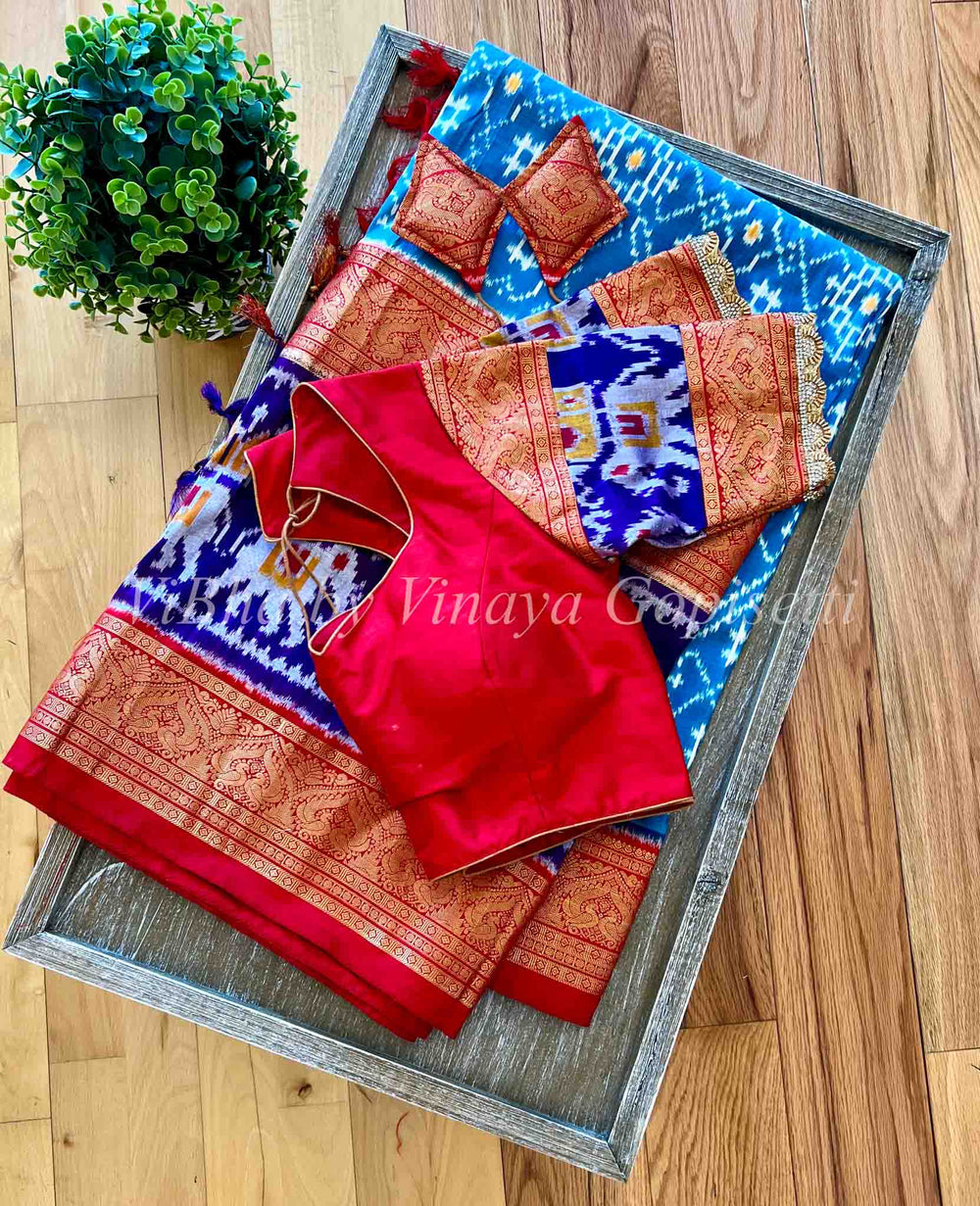 Saree - Ikkat Twill Light Blue & Red(big Border)