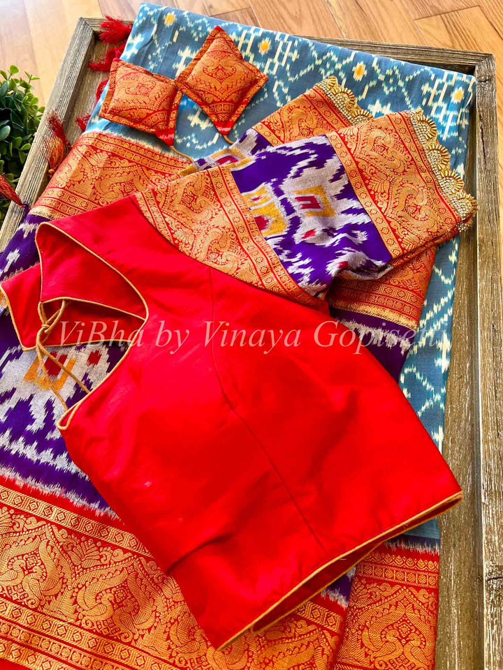 Saree - Ikkat Twill Light Blue & Red(big Border)