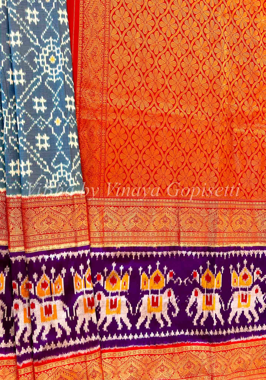 Saree - Ikkat Twill Light Blue & Red(big Border)