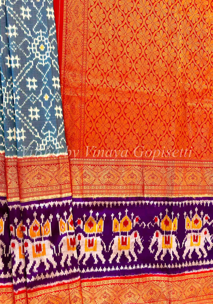 Saree - Ikkat Twill Light Blue & Red(big Border)