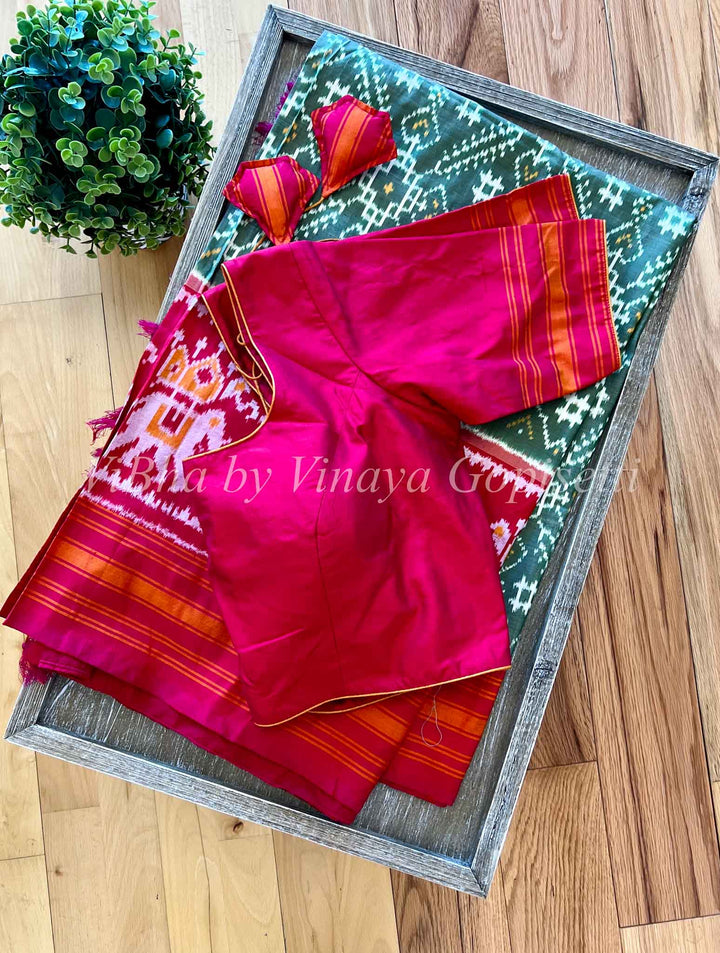 Saree - Ikkat Twill Light Olive And Dark Pink