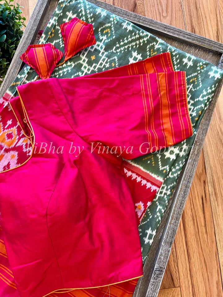 Saree - Ikkat Twill Light Olive And Dark Pink