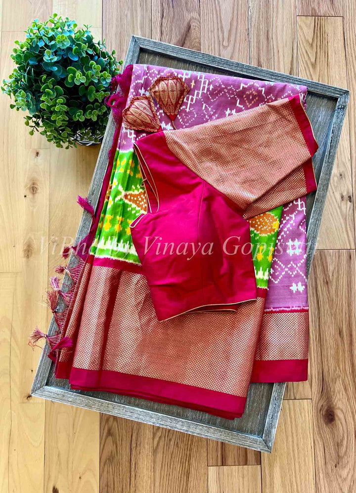 Saree - Ikkat Twill Mauve And Dark Pink