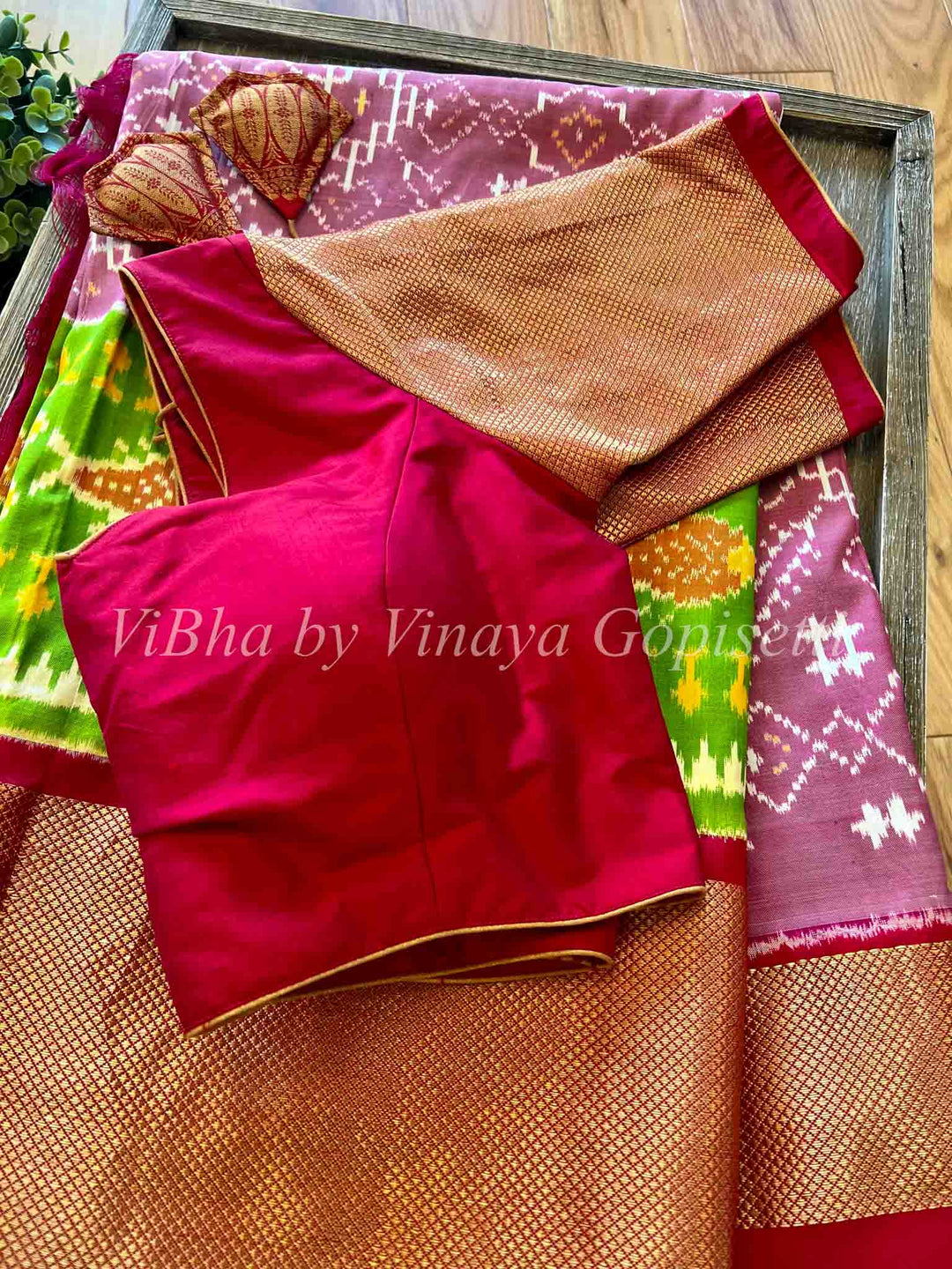 Saree - Ikkat Twill Mauve And Dark Pink