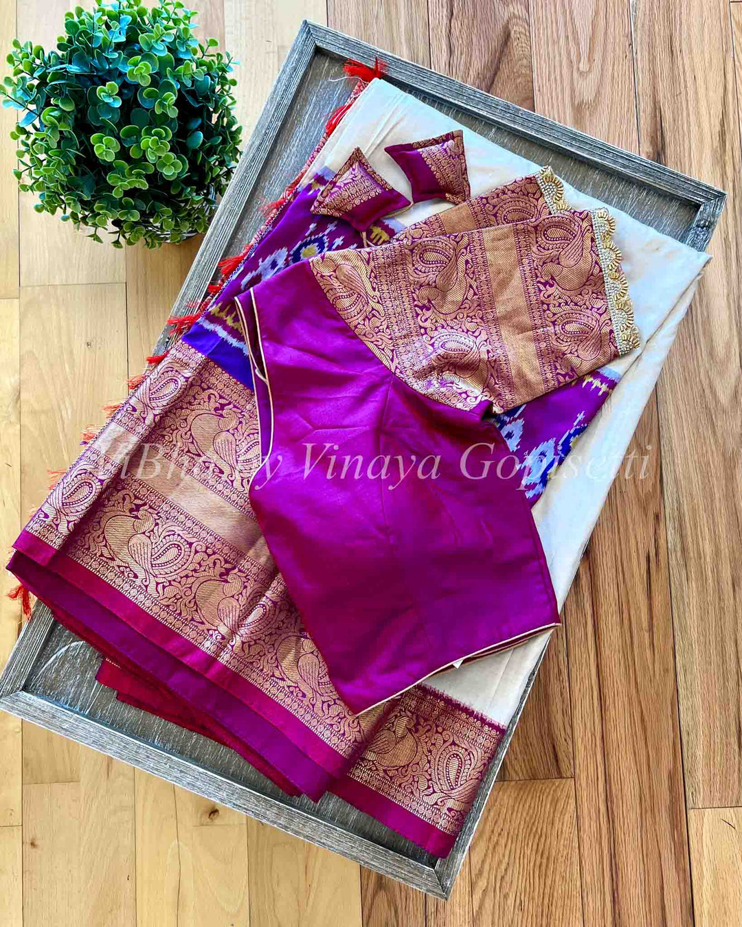 Saree - Ikkat Twilll Off White & Dark Magenta Saree