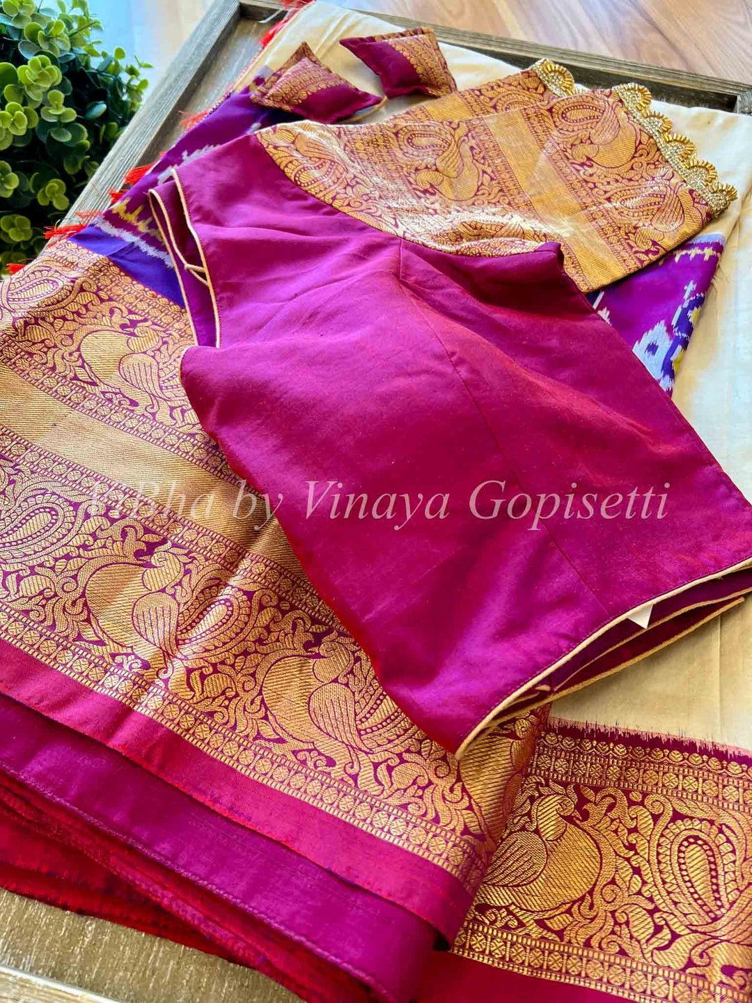 Saree - Ikkat Twilll Off White & Dark Magenta Saree