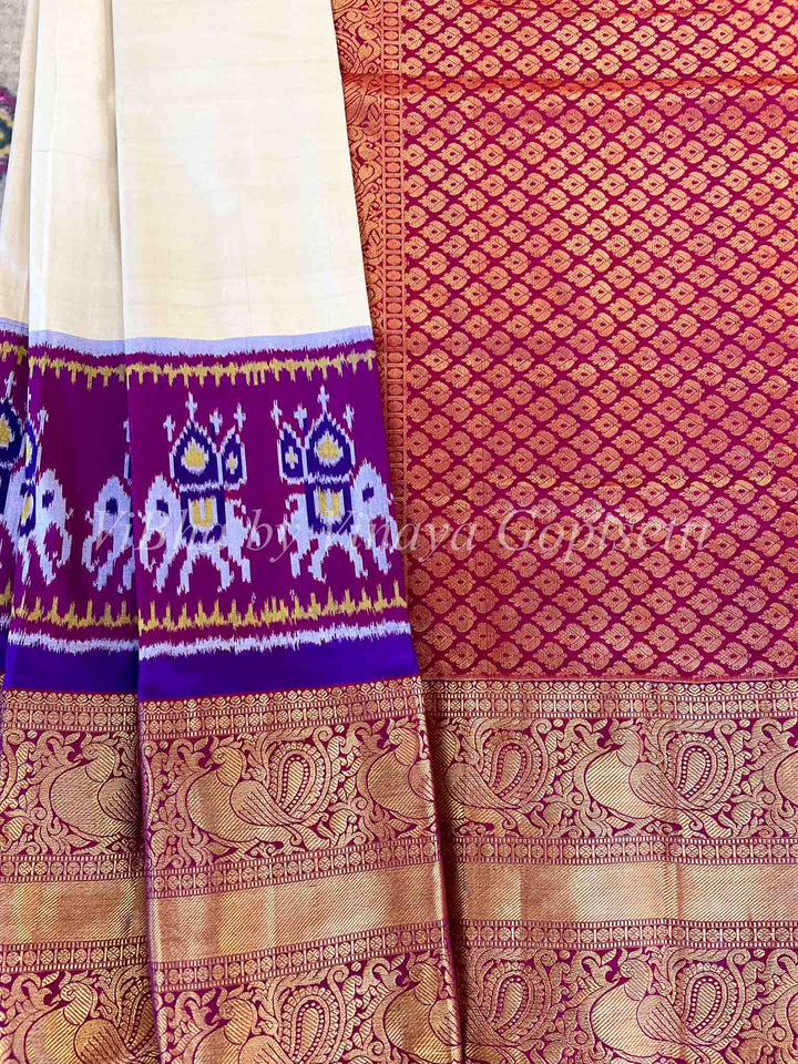 Saree - Ikkat Twilll Off White & Dark Magenta Saree