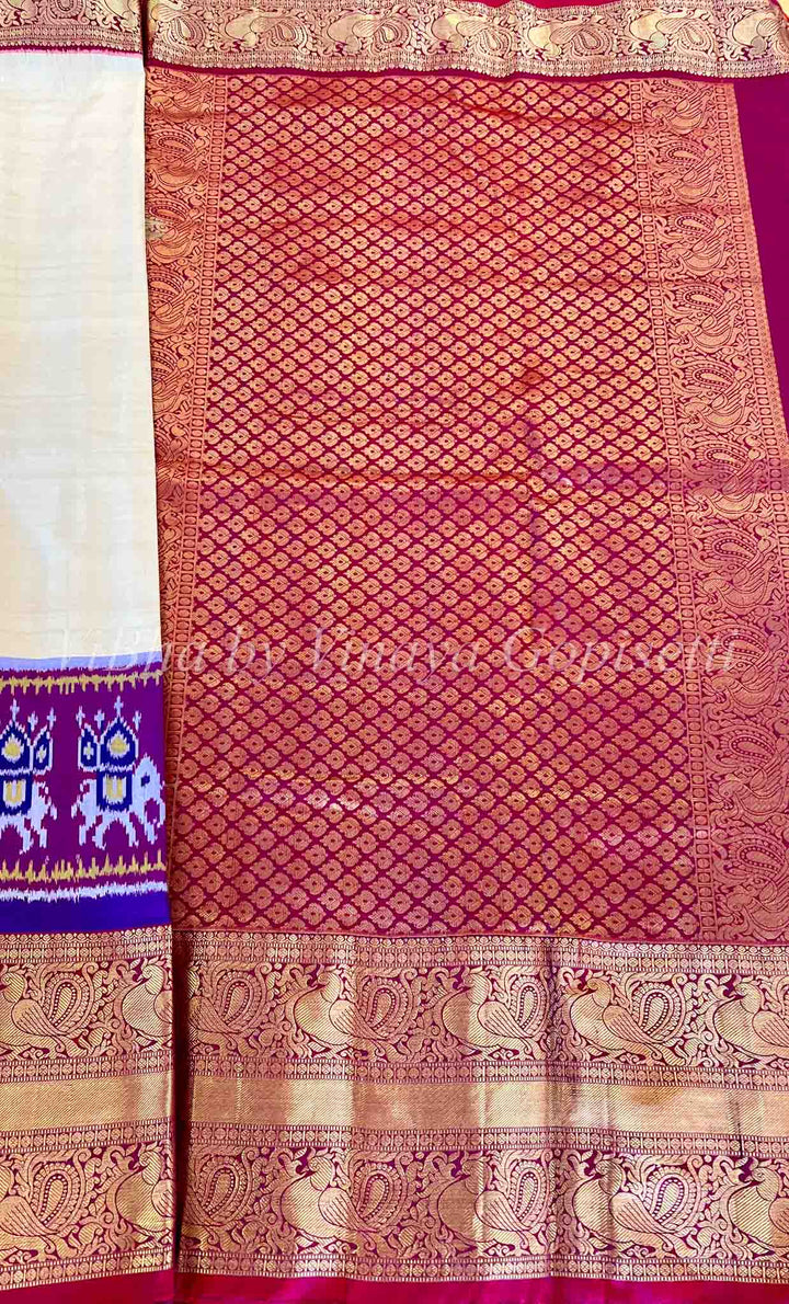 Saree - Ikkat Twilll Off White & Dark Magenta Saree