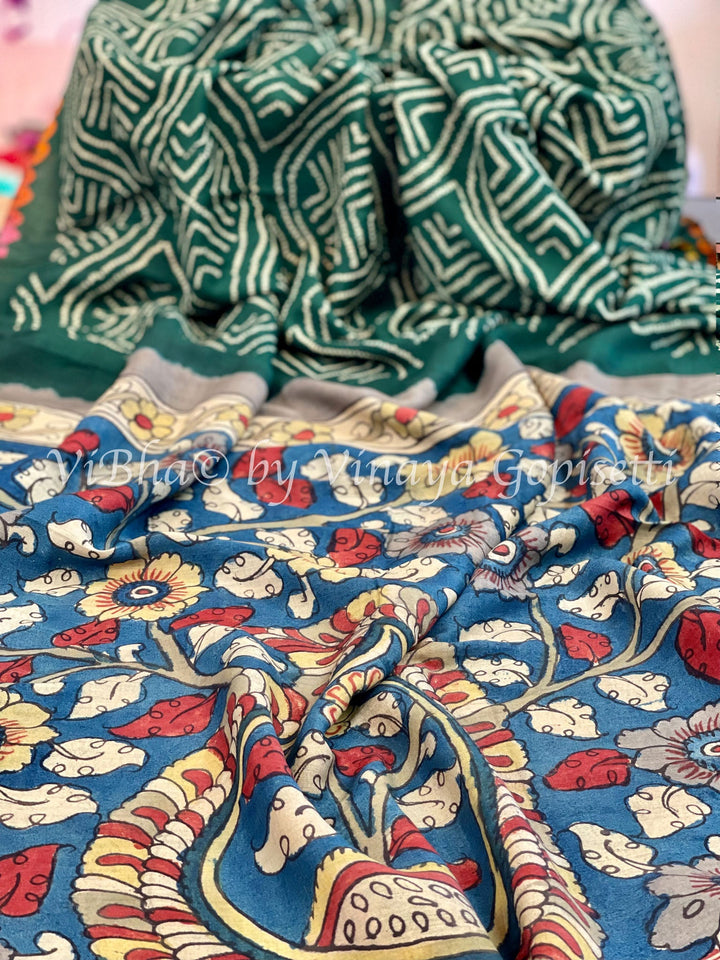 SAREE - Mehendi Green Blue Muga Silk Kalamkari