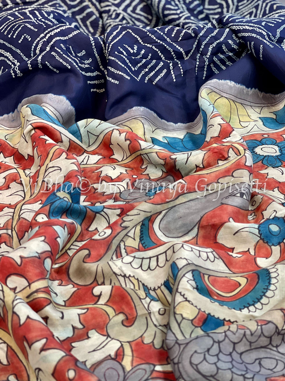 SAREE - Navy Blue Muga Silk Kalamkari