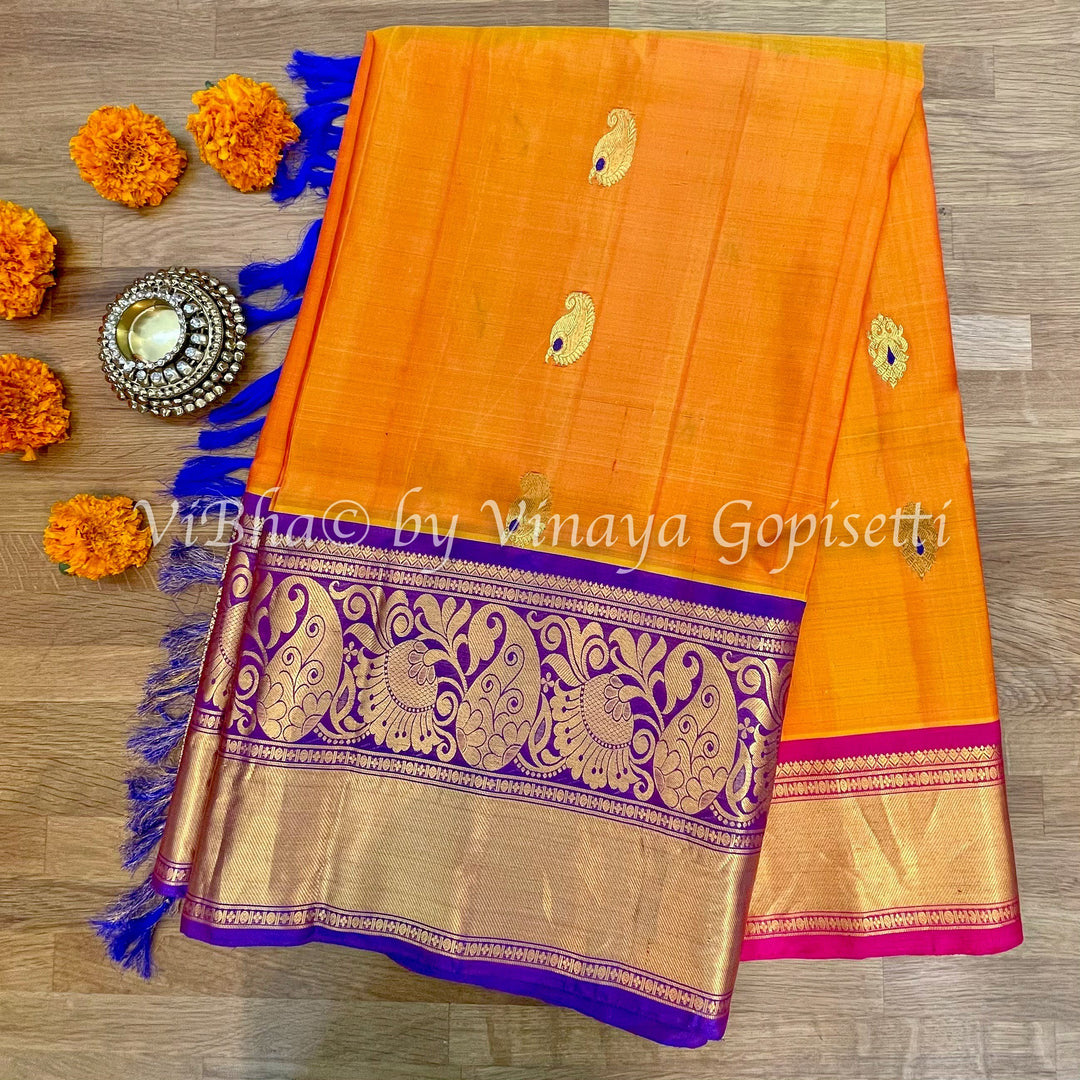 SAREE - Peach / Purple & Red Ganga Jamuna Borders Gadwal Silk Saree