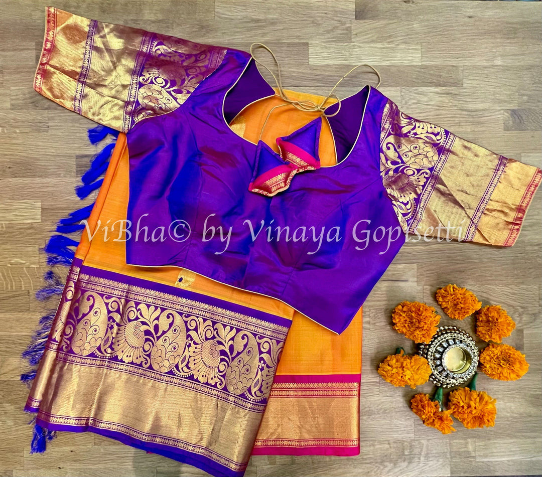 SAREE - Peach / Purple & Red Ganga Jamuna Borders Gadwal Silk Saree