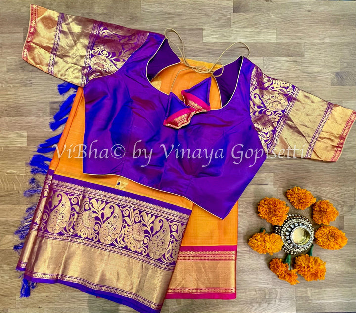 SAREE - Peach / Purple & Red Ganga Jamuna Borders Gadwal Silk Saree