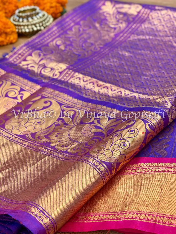 SAREE - Peach / Purple & Red Ganga Jamuna Borders Gadwal Silk Saree