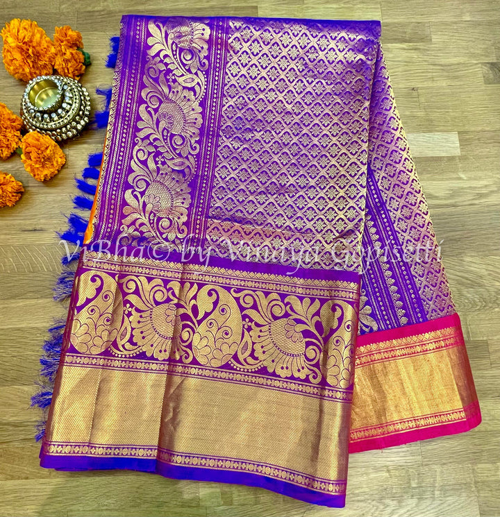 SAREE - Peach / Purple & Red Ganga Jamuna Borders Gadwal Silk Saree